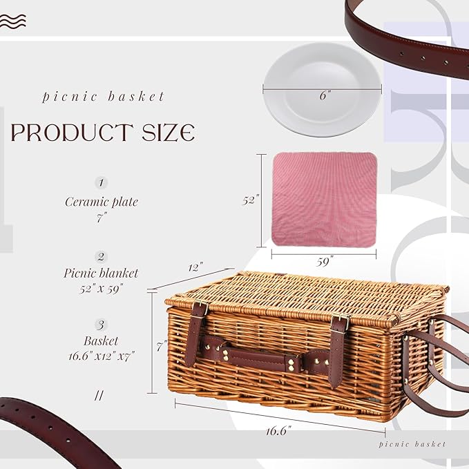 Picnic Basket Set for 4 with Waterproof Blanket Mat Insulation Bag Wicker Red Plaid Classic Vintage Gifts for Wedding Birthday Summer Camp Outdoor Camping Beach Travel Christmas Thanksgiving