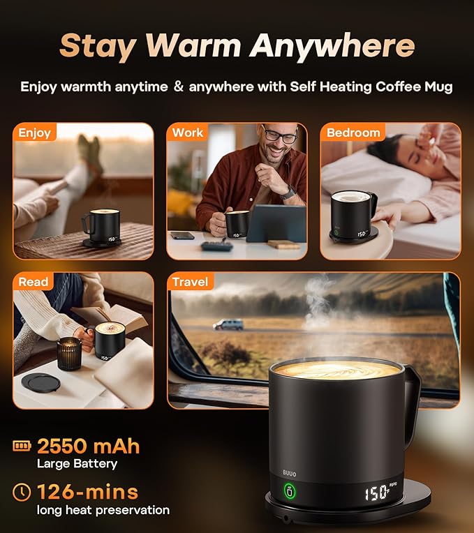 Heated Coffee Mug Rechargeable - Temperature Control Self Heating Coffee Mug 14oz with Lid, Double Sided & Real-Time LED Display, Hot up to 150℉, Birthday Gifts for Women and Men(Black)