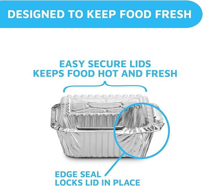 MontoPack Disposable Takeout Pans with Clear Lids | 1lb Capacity Aluminum Foil Food Containers with Strong Seal for Freshness & Spill Resistance | Eco-Friendly & Recyclable | 50-Pack of 5x4” Drip Pan