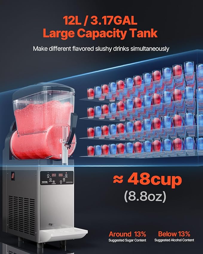 VEVOR Commercial Slushy Machine, 12L Single Tank Frozen Drink Machine, 48 Cups Stainless Steel Margarita Smoothie Frozen Drink Maker, Slushie Maker for Home Party Restaurants Cafe Bars