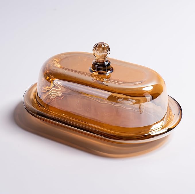 Champagne Color Glass Butter Dish with Lid, Covered Butter Stick Holder Tray, Large Crystal Glass Butter Storage Container for Kitchen Countertop