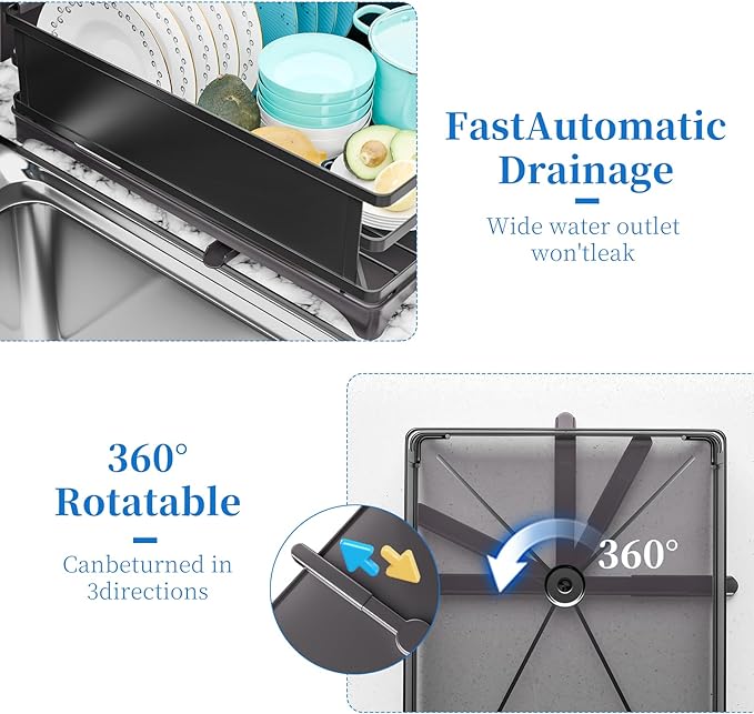 Simple Trending Dish Rack, Steel Dish Drying Rack for Kitchen Counter, Dish Drainer with Cutlery Holder for Large Capacity, Dish Drying Rack with drip Tray, Black