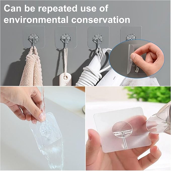 Wall Hooks 33lb(MAX) Heavy Duty Self Adhesive Hooks 10 Pack,Waterproof and Oilproof,Transparent Seamless Hooks Strong,Suitable for Bathroom Kitchen