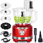 Homtone 16 Cup Food Processor, 6 Preset Modes& Stepless Speed Control for Dough Kneading, Meat Chopping, Slicing, Shredding, French Fries Potato Cuting, Cheese Grating& Whipping Cream, 650W, Red