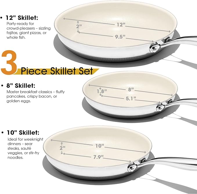 Nonstick Frying Pan Set – 8"10"12" Titanium Ceramic Skillet with Lid, Stay-Cool Handle,PFAS, PTFE, PFOA-Free, Non-Toxic, Dishwasher & Oven Safe, Compatible with All Cooktops,Cream White