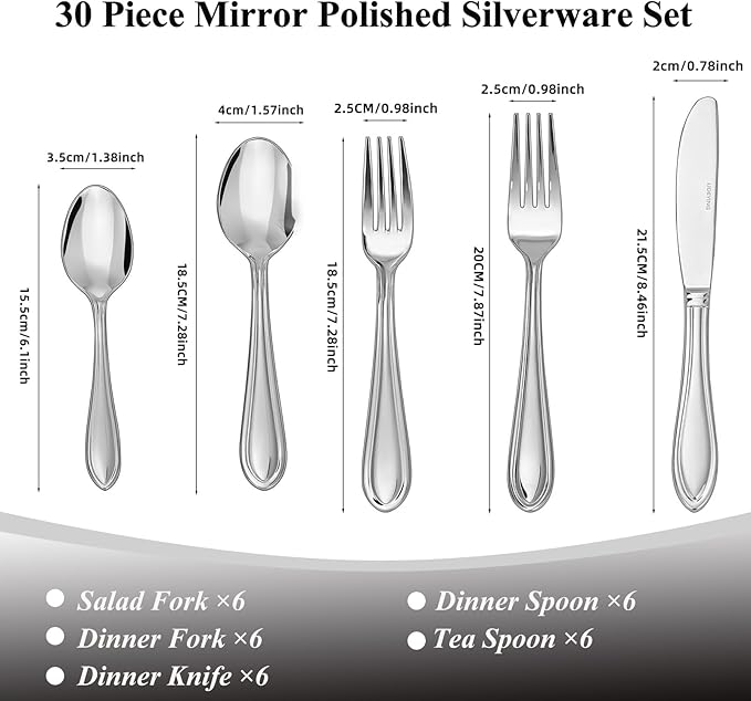 30 Pieces Silverware Set for 6,Stainless Steel Flatware Set,Heavy Duty and Modern Design Cutlery Set,18/0 Rust-Proof Utensils with Forks & Spoons,Mirror Polished Dishwasher Safe