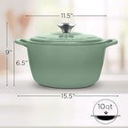 Signature Enameled Cast Iron Dutch Oven, Non-Stick Serving Pot with Tight Fitting Lid for Perfect Roasting, Baking, Sauteing, and Bread Making | 10Q (9.5L) - Sage