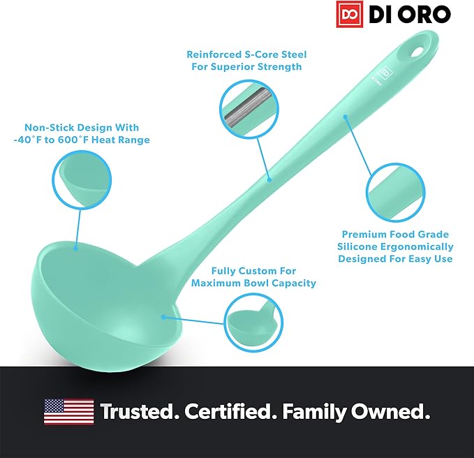 DI ORO Silicone Ladle – Soup Ladle for Cooking & Serving Heat-Resistant - Large Kitchen Soup Ladle Nonstick Cookware Safe - Soup Serving Spoon with Wide Bowl - Silicone Utensil Dishwasher Safe (Mint)