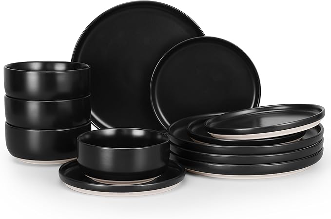 HaWare Stoneware Dinnerware Sets, 12-Piece Plates and Bowls Set for 4, Dishes Set for Home Restaurant, Frosting Black