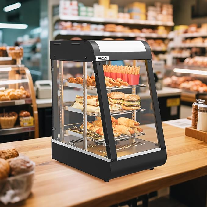 ROVSUN 15" Commercial Food Warmer Display Pizza Warmer, 3-Tier Electric Countertop Food Warmer w/LED Lighting Adjustable Removable Shelves Glass Door, Pretzel Warmer for Buffet Restaurant, 1000W