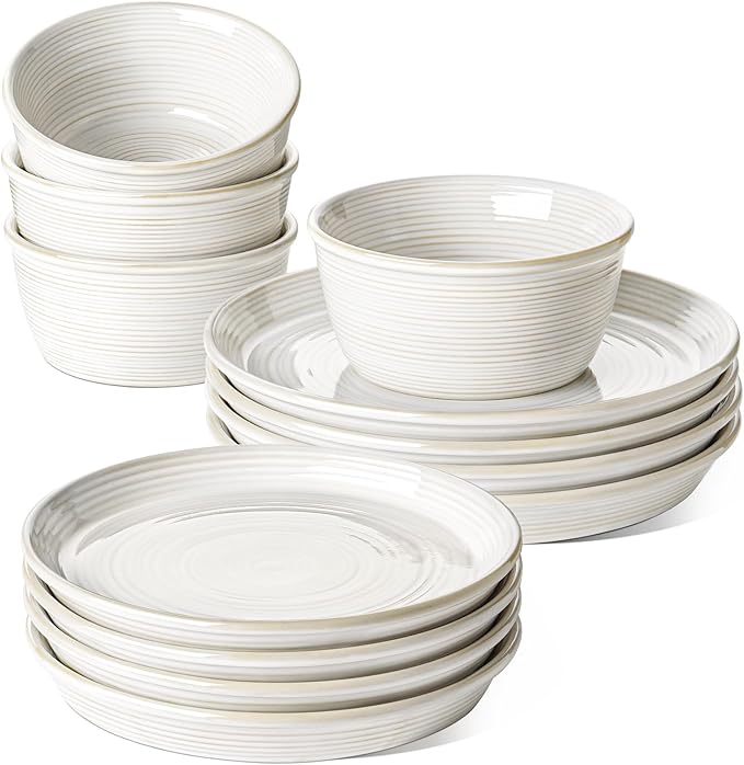 LE TAUCI Dishes Set for 4, Stoneware Plates and Bowls Set, Farmhouse Ceramic Dinnerware, Microwave & Dishwasher Safe, Stackable,12-Piece, Arctic White (10" Dinner+8" Salad Plates+6" Bowls)