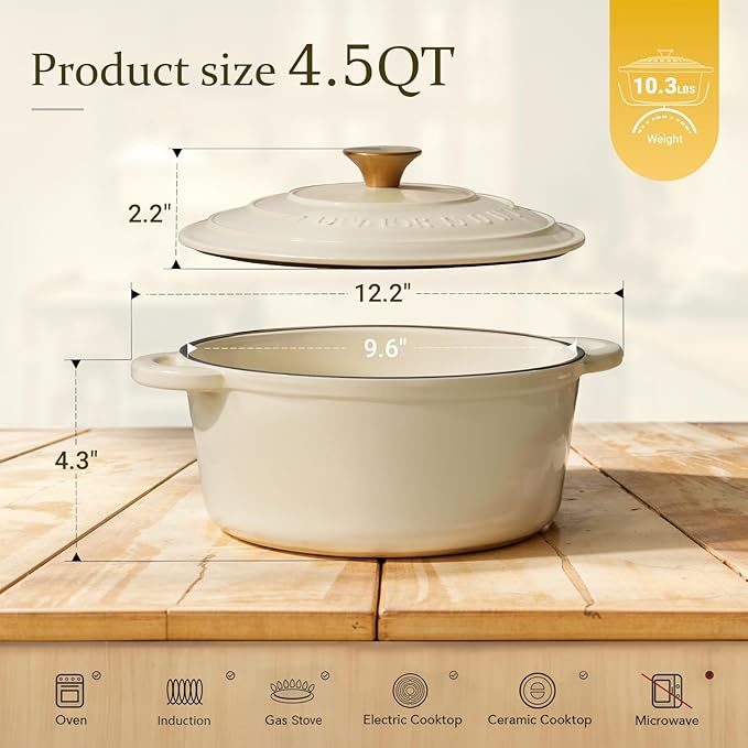 Overmont Enameled Cast Iron Dutch Oven - 4.5QT Pot with Lid Cookbook & Cotton Potholders - Heavy-Duty Cookware for Braising, Stews, Roasting, Bread Baking white