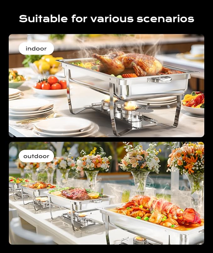 Chafing Dishes for Buffet 4 Pack, [Ultrasonic Mirror Polishing] Chafing Dish Buffet Set 9QT, [Rolled Edge Finger Protection] Buffet Servers and Warmers for Any Party, Wedding, Birthday and Hotel
