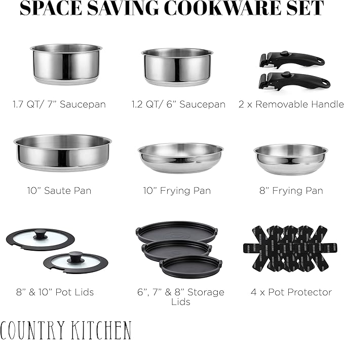 Country Kitchen Cookware Set with Removable Handle, Oven & RV Safe Pots and Pans Set, Stainless Steel, Original