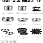 Country Kitchen Cookware Set with Removable Handle, Oven & RV Safe Pots and Pans Set, Stainless Steel, Original