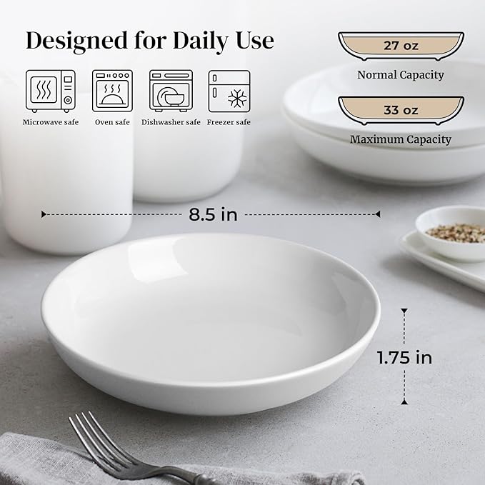 DOWAN 8.5" Pasta Bowls, 32oz Salad Bowls Set of 6, Natural White Ceramic Serving Bowls, Porcelain Plate Bowl Serving Dish Shallow Bowls Set for Kitchen, Microwave Dishwasher Safe