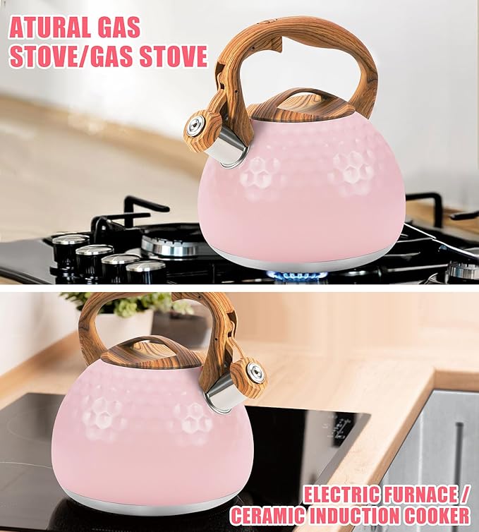 Whistling Tea Kettle,3.2Qt Stainless Steel Stove Kettle, Food Grade Teapot with Wood Pattern Handle for Coffee, Milk etc, Gas Electric Applicable (Pink)