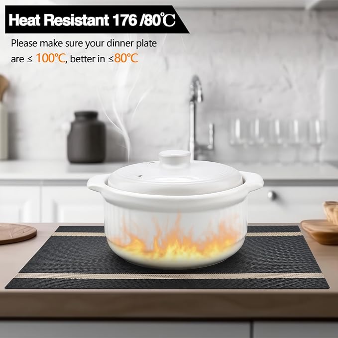 Black Placemats Set of 6 - Easy Clean Modern Durable Washable Vinyl Place Mats - Heat Resistant Placemats for Kitchen Table - PVC Table Mats for Dining Table (Black with Stripes, 6)