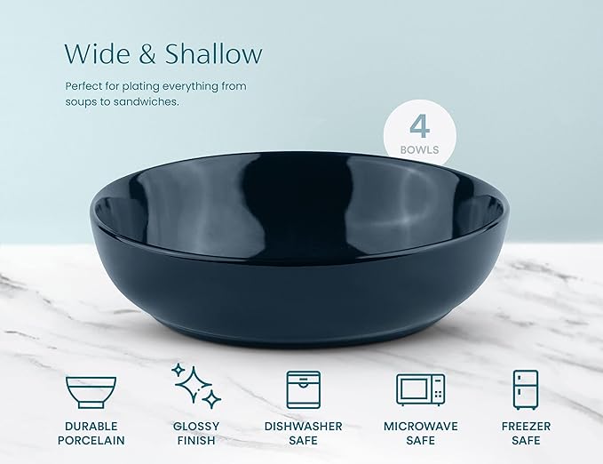 KooK Pasta Bowl, Salad Bowls, Soup, Serving Bowls, Ceramic, Large Capacity, Microwave & Dishwasher Safe, Set of 4, 40 Oz,(Navy Blue)