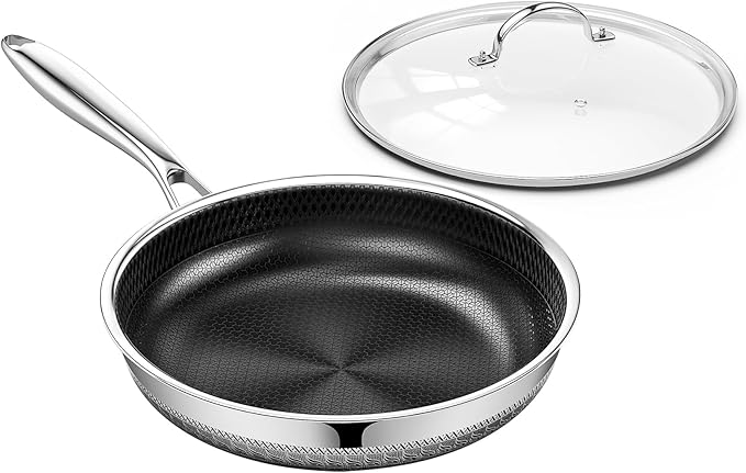 Non Stick Frying Pan with Lid, 10 Inch Hybrid Tri-Ply Stainless Steel Non Stick Skillet W/Lid Titanium Ceramic Nonstick Cookware No Toxic Induction Omelette Frying Pan, Oven Safe, PFAS/PFOA/PTFE Free