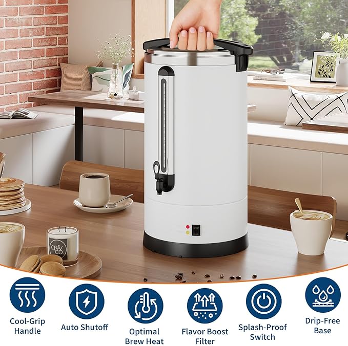 80 Cups Large Coffee Urn with Double Wall Insulation, 12L/3.2 Gallon Stainless Steel Commercial Electric Coffee Maker with Hot Drinks and Hot Water, for Weddings, Parties, Catering, and Buffets
