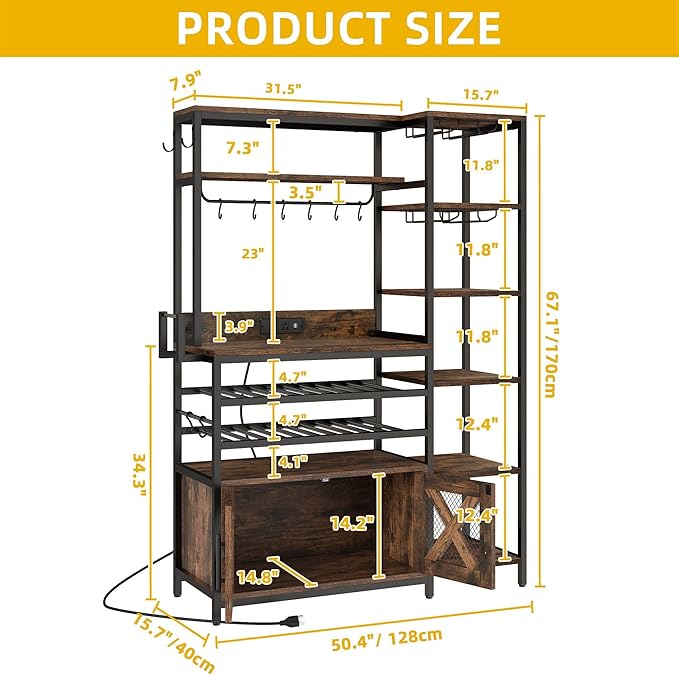 DWVO Baker Rack with Power Outlet, Microwave Stand W/Storage, 6-Tier Industrial Coffee Bar Cabinet W/Hook, Wine Rack & Goblet Holder, Wood & Metal Kitchen Shelf Organizer for Dining Room, Rustic Brown