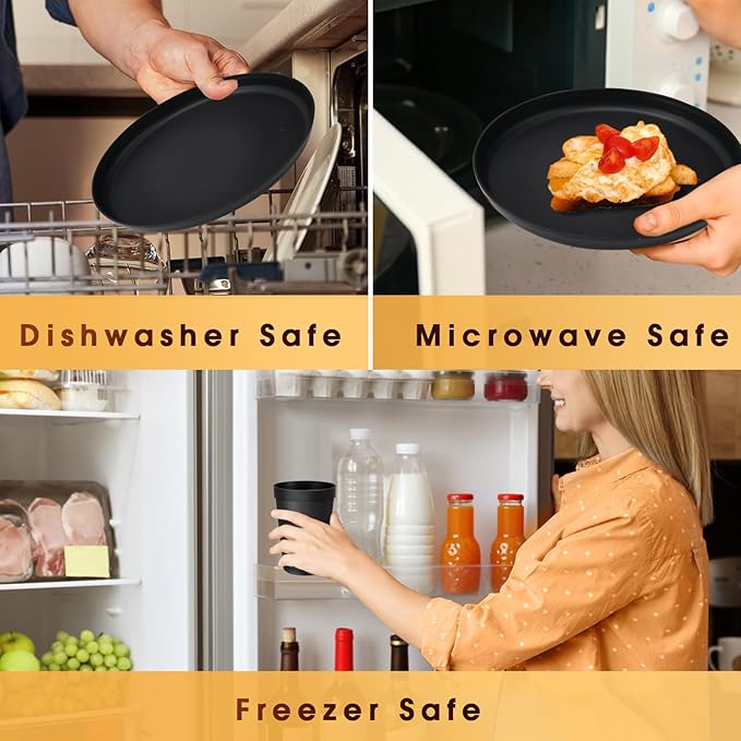 Plastic Dinnerware Sets – 40-Piece Plates and Bowls Sets with Cups, Knives, Forks and Spoons, Dishes Set for 8, Reusable Unbreakable Kitchen Dishware for Apartment, Camping, Outdoor, Black