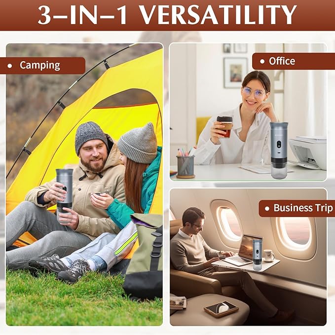 3-in-1 Portable Espresso Machine for Travel & Camping- 20 Bar Self-Heating Portable Coffee Maker with USB-C LED Display Car Coffee Maker, Compatible with Grounds&Capsules(Ns&DG) for RV,Hiking (Silver)