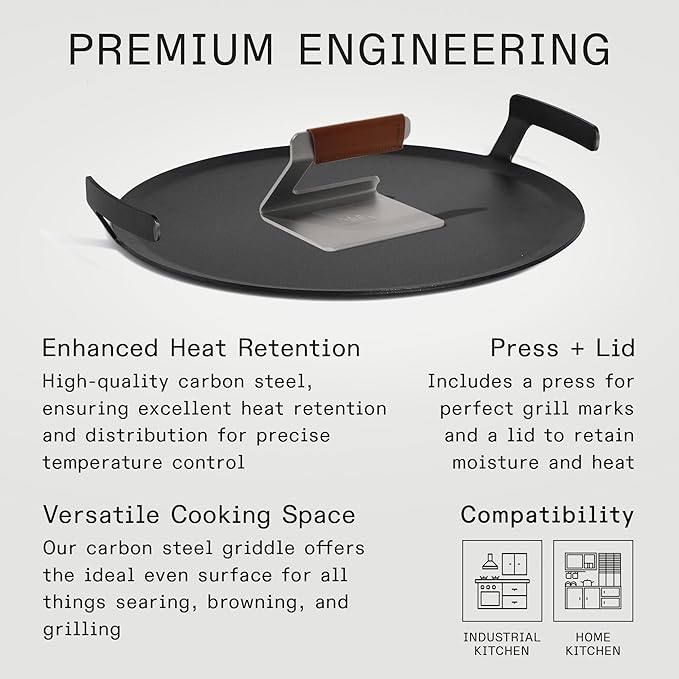 Made In Cookware - Seasoned 17" Round Carbon Steel Griddle + Grill Press - (Like Cast Iron, but Better) - Professional Cookware - Crafted in Sweden - Induction Compatible