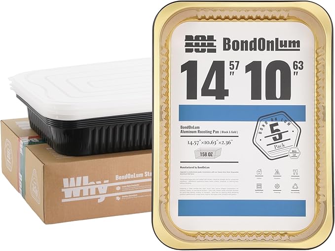 Aluminum Foil Pan with Lids,Heavy Duty Disposable Aluminum Baking Pans,14.57"×10.63" Steam Table Pan for Cooking,Heating, Storing,Prepping Roasting and Chafing (5 Pack Black and Gold w/Lids)