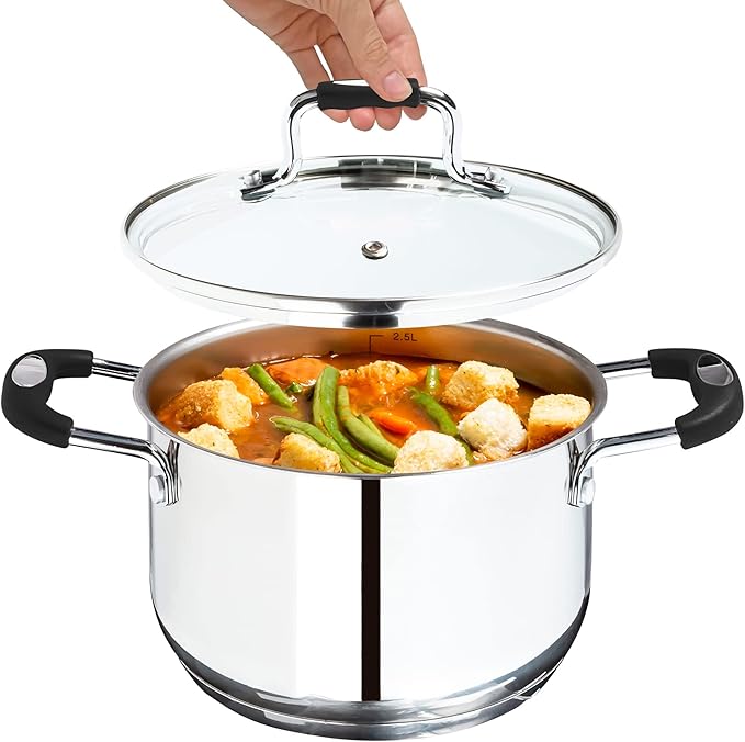 Stock Pot, 3 Quart Stainless Steel Pot, StockPot With Clear Glass Lid, Steam Hole, Permanent Measurement Markings, Gas, Electric and Induction Compatible Boiling Pot