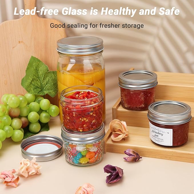 4 oz Glass Small Mason Jars, 40 Pack Regular Mouth Glass Canning Jars with Silver Aluminum Lids and Bands, Airtight Jam Jars for Food Storage, Fermenting, Honey, Dessert, DIY Candles Decor