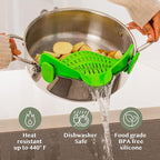 Kitchen Gizmo Snap N' Strain Clip On Strainer for Pots and Pans - Collapsible Silicone Pasta Strainer and Kitchen Gadget for Cooking - Easy to Use, Heat Resistant and Space Saving Colander - Green