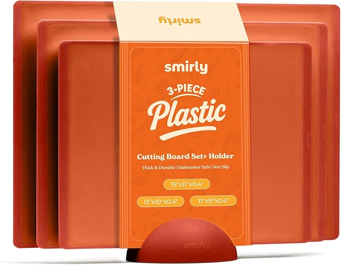 SMIRLY Plastic Cutting Board Set with Holder 3 Pieces, Non-Slip Dishwasher Safe Chopping Boards for Kitchen, Orange