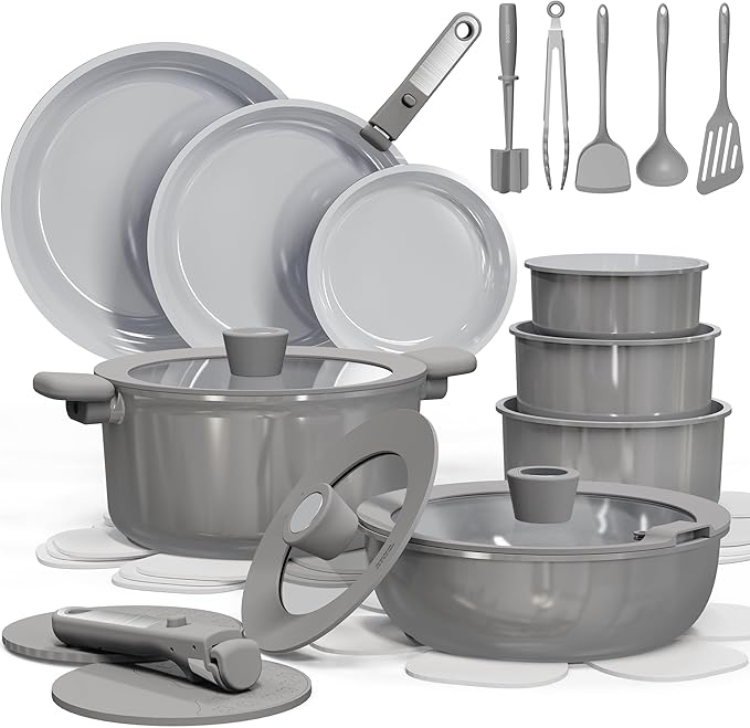 CAROTE 27pcs Ceramic Cookware Set Nonstick, Pots and Pans Set Non Stick, Non Toxic Cookware Detachable Handles, Dishwasher/Oven Safe, RV/Camping Cookware, Pan and Pot with Kitchen Utensils, Dark Gray