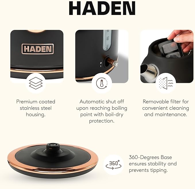 Haden Dorset 1.7 Liter Stainless Steel Electric Kettle, Hot Water Kettle with 360-Degree Base and Auto Shutoff, Black & Copper