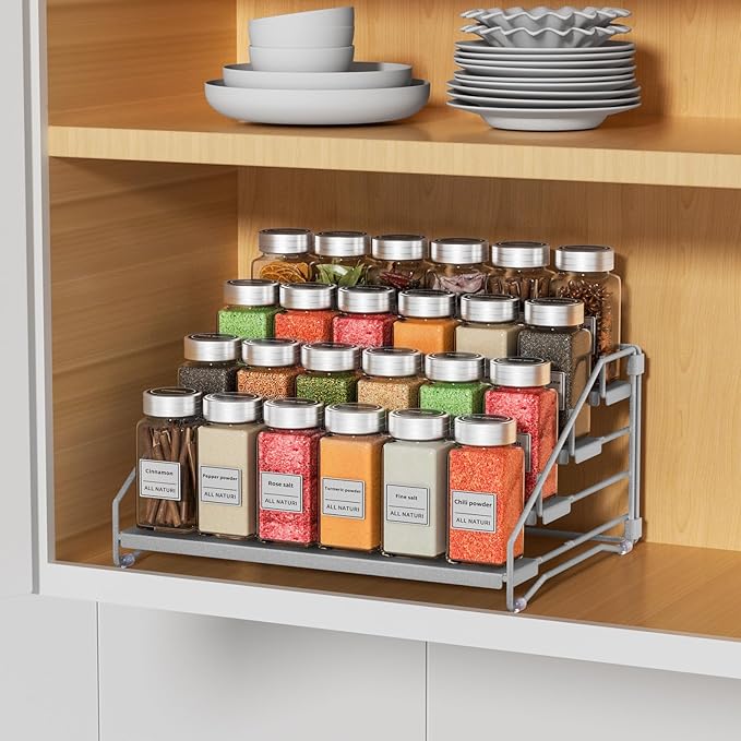 RCHYFEED 4 Tier Spice Rack Organizer, Spice Organization for Cabinet,Pantry, Countertop,Tiered Spice Rack Easy Visibility,Depth Expandable Seasoning Shelf for Kitchen Cabinet Organizer,Silver