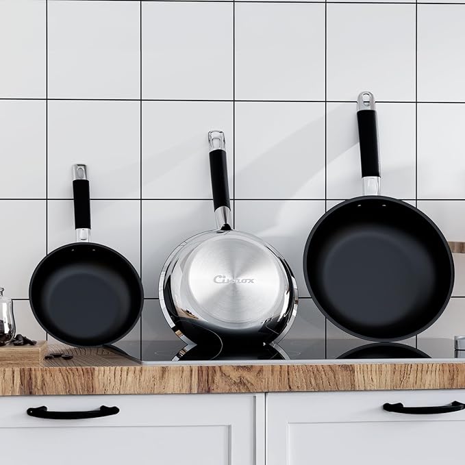 Non Stick Frying Pans, 3 PCS 18/8 Stainless Steel Nonstick Skillet Set, 10” 11.5” 5” Pan, Compatible with All Stoves