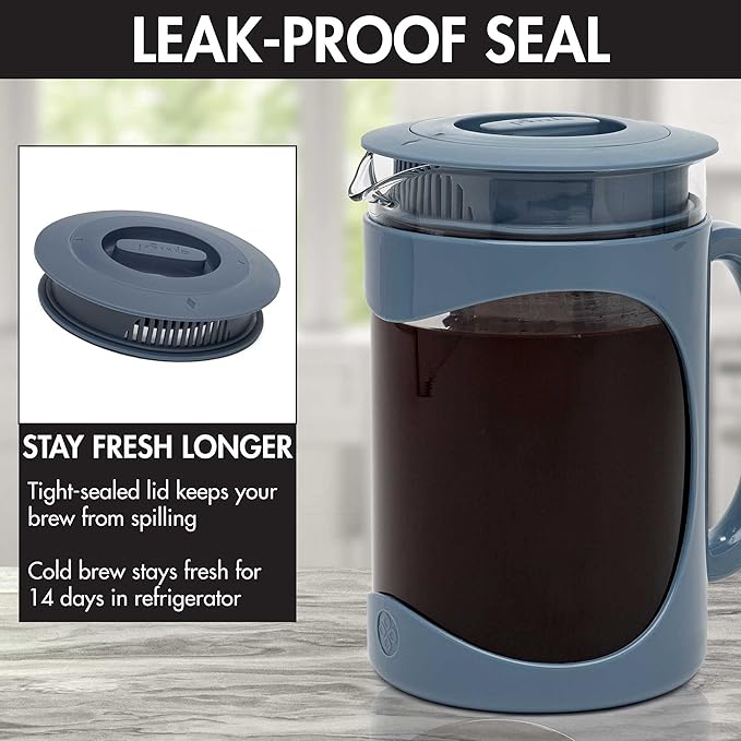 Primula Burke Deluxe Cold Brew Iced Coffee Maker, Comfort Grip Handle, Durable Glass Carafe, Removable Mesh Filter, Perfect 6 Cup Size, Dishwasher Safe, 1.6 qt, Blue