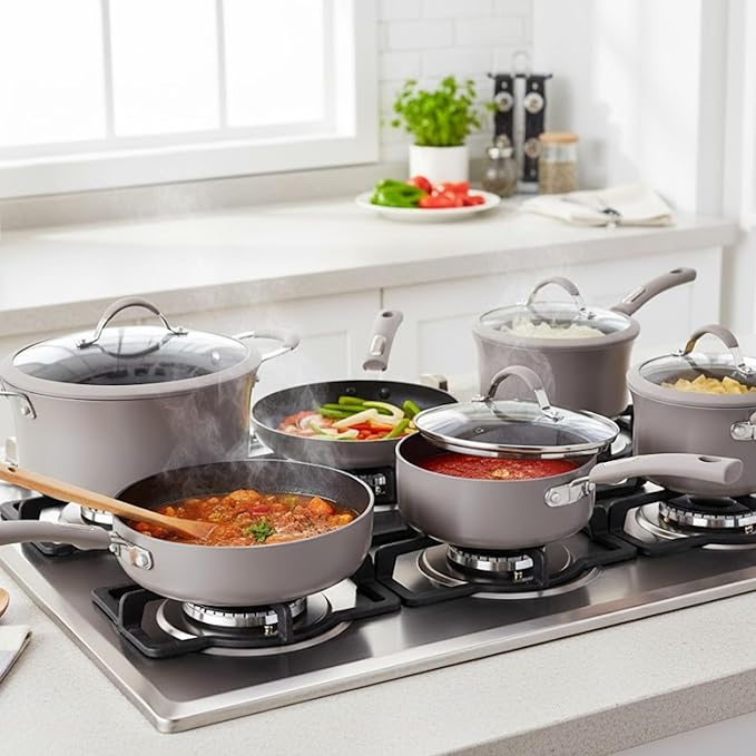 Hamilton Beach Cookware Set, 10-Pieces, Pots, Pans, and Glass Lids, Nonstick PFOA-Free, PTFE-Free Ceramic Interior, Heavy-Duty Aluminum Construction, Modern Matte Gray, Professional Tapered Shape