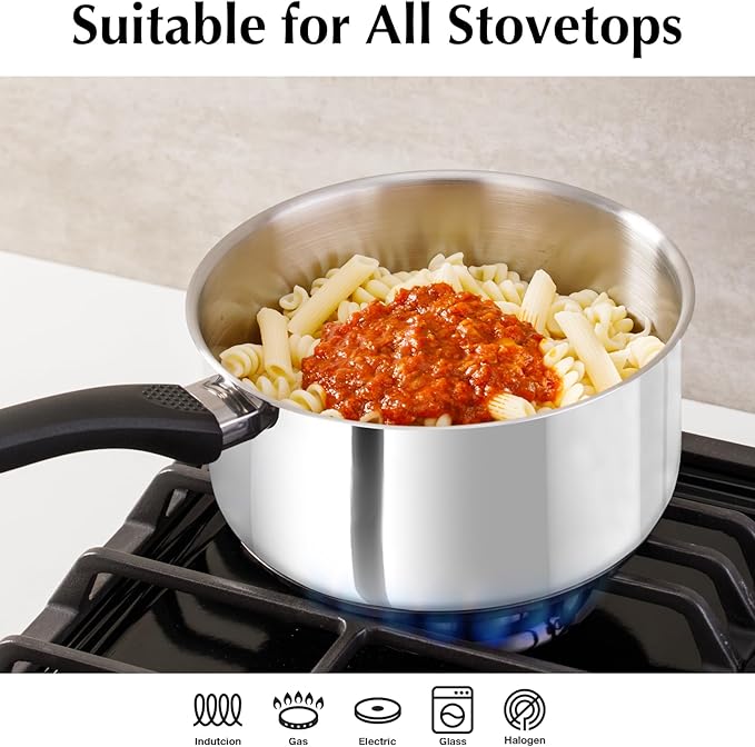 KOCH SYSTEME CS Stainless Steel Sauce Pan with Lid, 1QT & 2QT & 3QT Stainless Steel Saucepan Set with Bakelite Handles, Non Toxic Sauce Pot for Cooking, Induction Compatible & Dishwasher Safe, 6PCS