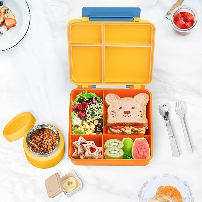 Bento Lunch Box for Kids with 9oz Soup Thermo, Leakproof Lunch Food Containers with 4 Compartment, Kids Thermo Hot Food Jar for School Travel