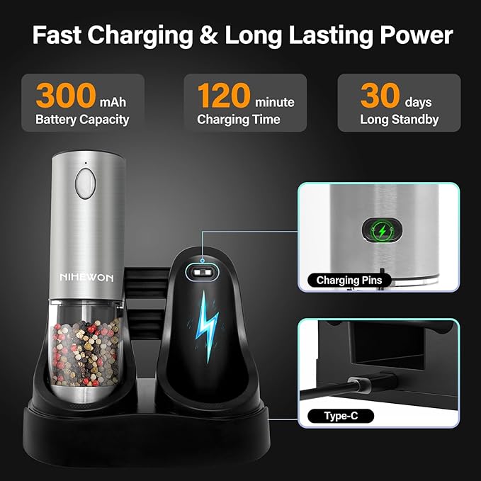 Electric Salt and Pepper Grinder Set Rechargeable, Automatic Salt and Pepper Grinder Set for Kitchen, USB Charging Base & LED Light, Adjustable Coarseness, Stainless Steel