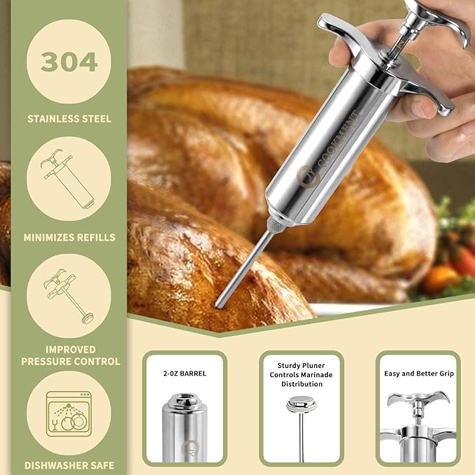 Meat Injector Syringe 2-oz Marinade Flavor Barrel 304 Stainless Steel with 3 Marinade Needles, Travel Case for BBQ Grill Smoker, Turkey, Brisket, Paper Instruction and E-book Included by JY COOKMENT