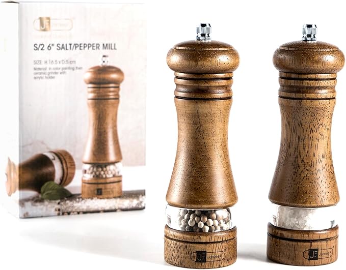 Wooden Salt and Pepper Grinder Set, 6.5 inch Rubber Wood Salt and Pepper Mills Set of 2 with Acrylic Visible Window & Adjustable Ceramic Rotor
