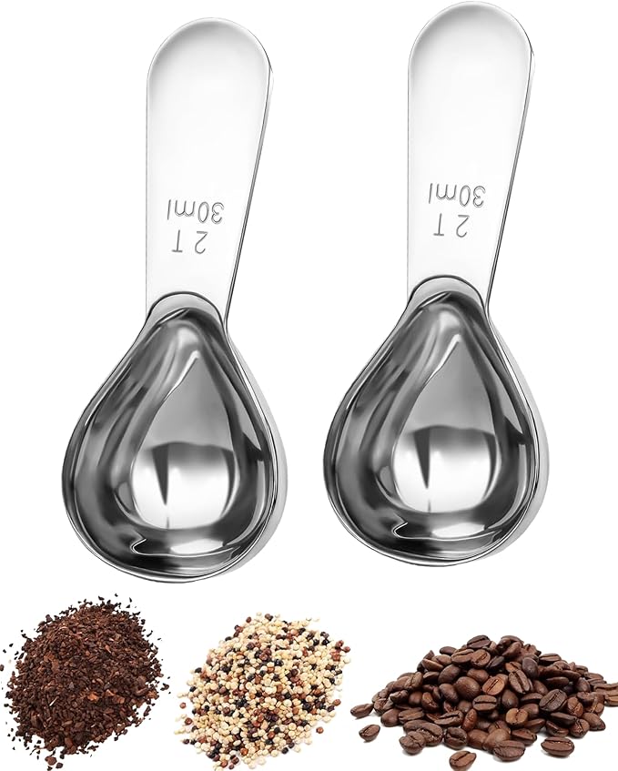 Coffee Scoop 30ml 2PCS, 2 Tablespoon Measuring Spoons, Ergonomics Design Coffee Scooper Stainless Steel Manufacture，Coffee Scoop for Ground Coffee Protein Powder Sugar Cereal (Silver, 2 tbsp-30ml)