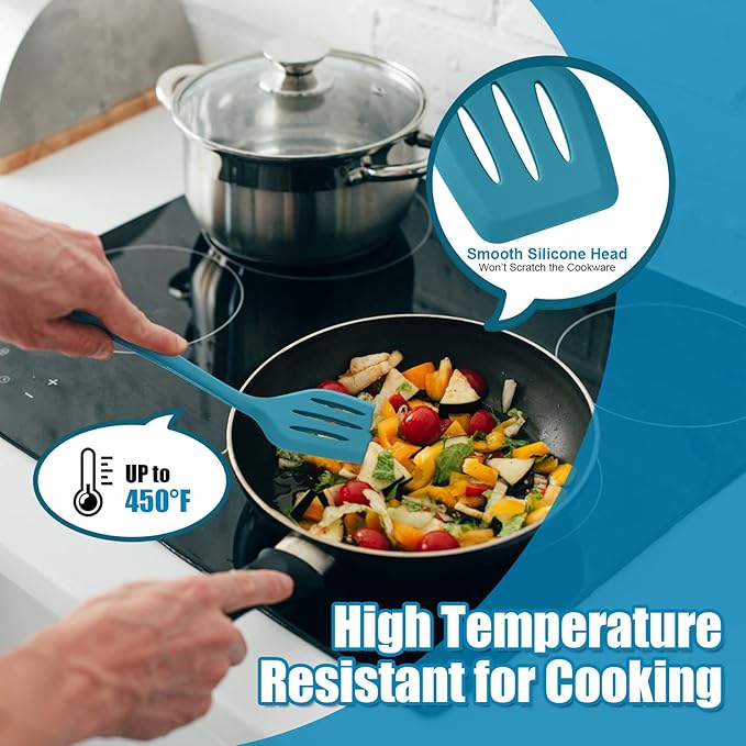 TeamFar Silicone Cooking Utensils Set of 6, Kitchen Utensils Set, Includes Ladle Slotted Turner for Non-stick Cookware, Healthy & One-Piece, Non-Scratch & Heat Resistant, Dishwasher Safe, Dark Blue