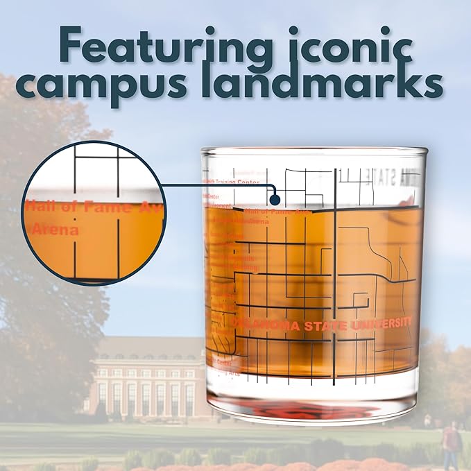 Greenline Goods – Oklahoma State University Cowboys College Whiskey Glasses (Set of 2), 10 oz – Full-Color Logo + Campus Map