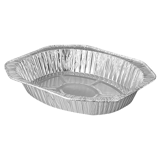 Restaurantware Foil Lux 17.6 x 14 x 3.1 Inch Oval Roasting Pans, 50 Oven-Ready Foil Pans - Freezable, Heavy-Duty, Aluminum Foil Disposable Baking Pans, For Cooking Turkey, Chicken, And More