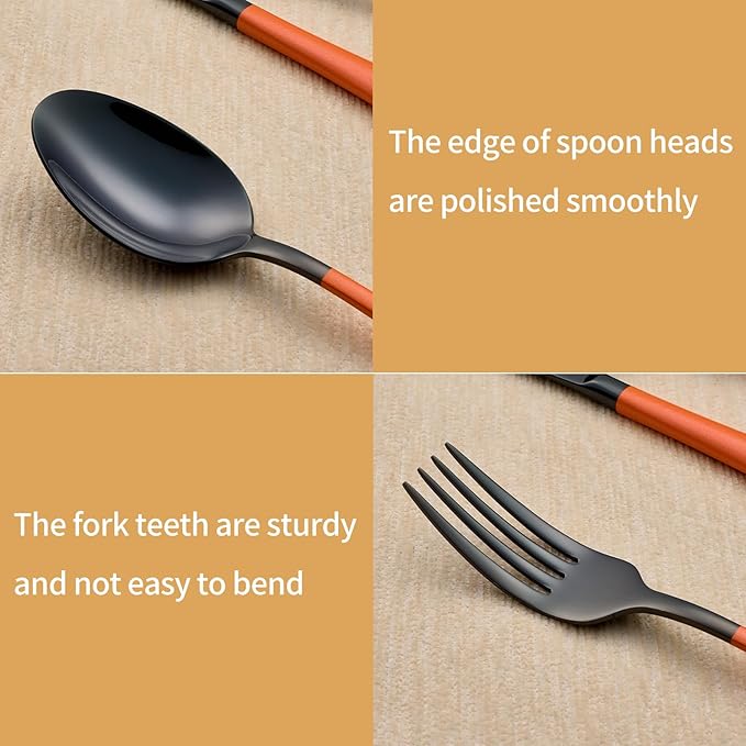 20-Piece Black Silverware Set 18/0 Stainless Steel Silverware Set Orange Handle Cutlery Set Service for 4 Dinner Knives Forks Spoons Set Flatware Set Finish Dishwasher Safe